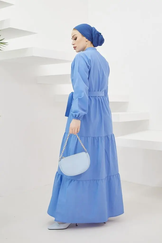 428 Hakim Yaka Düğmeli Tesettür Elbise Mavi-detail