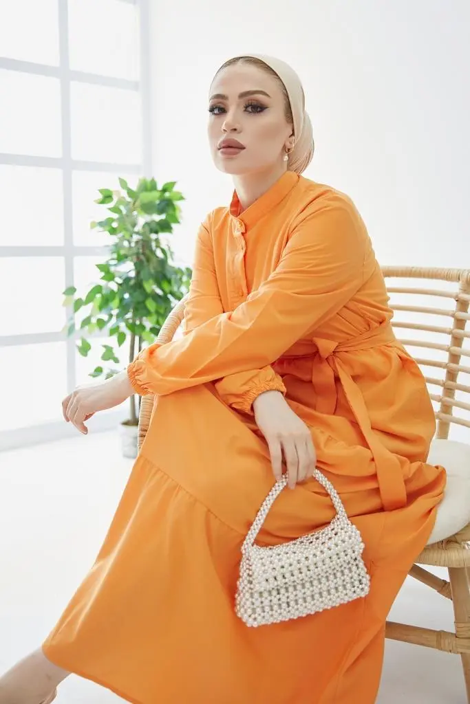 428 Hakim Yaka Düğmeli Tesettür Elbise Oranj-detail