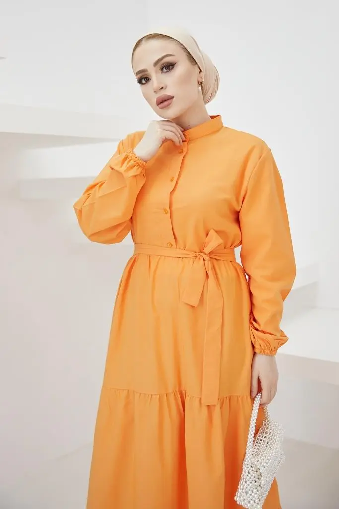 428 Hakim Yaka Düğmeli Tesettür Elbise Oranj-detail