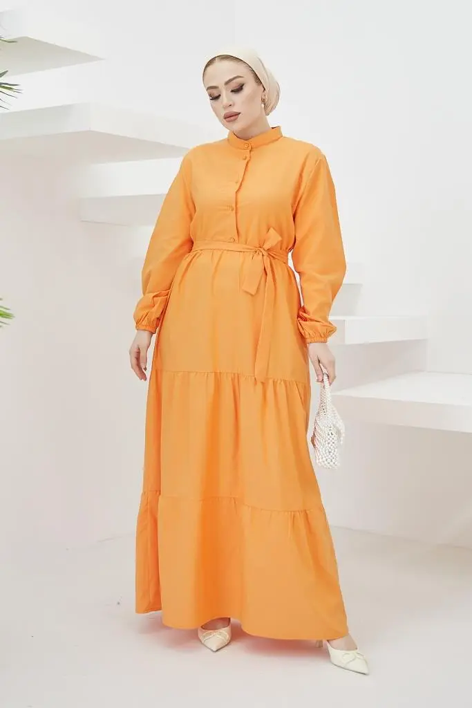 428 Hakim Yaka Düğmeli Tesettür Elbise Oranj-detail