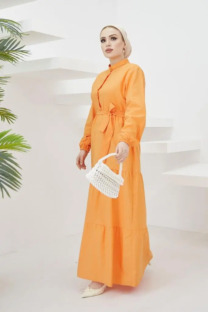 428 Hakim Yaka Düğmeli Tesettür Elbise Oranj-detail
