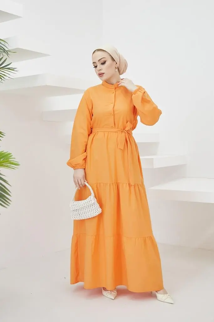 428 Hakim Yaka Düğmeli Tesettür Elbise Oranj-detail