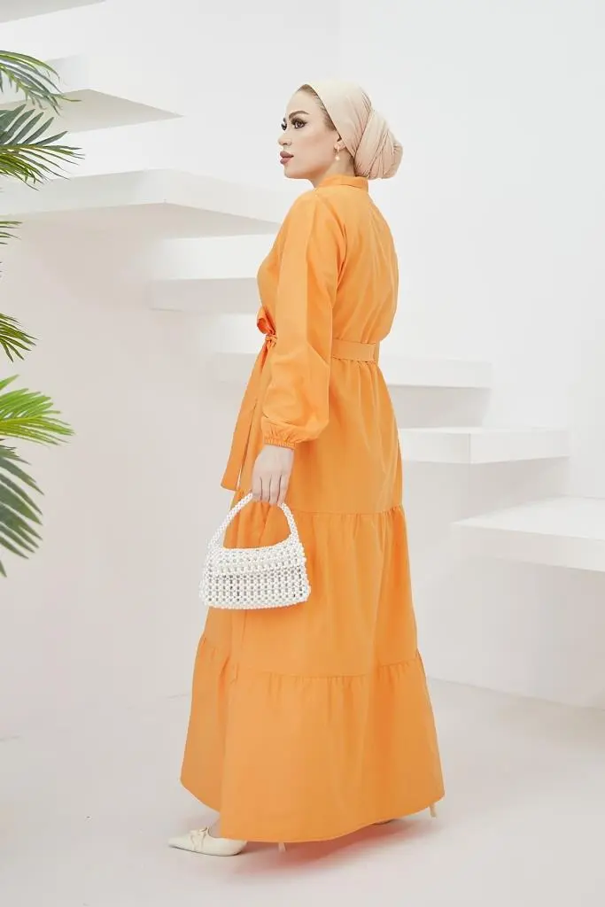 428 Hakim Yaka Düğmeli Tesettür Elbise Oranj-detail