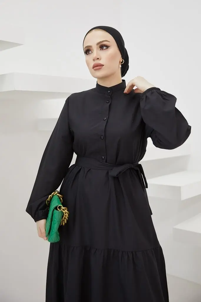 428 Hakim Yaka Düğmeli Tesettür Elbise Siyah-detail
