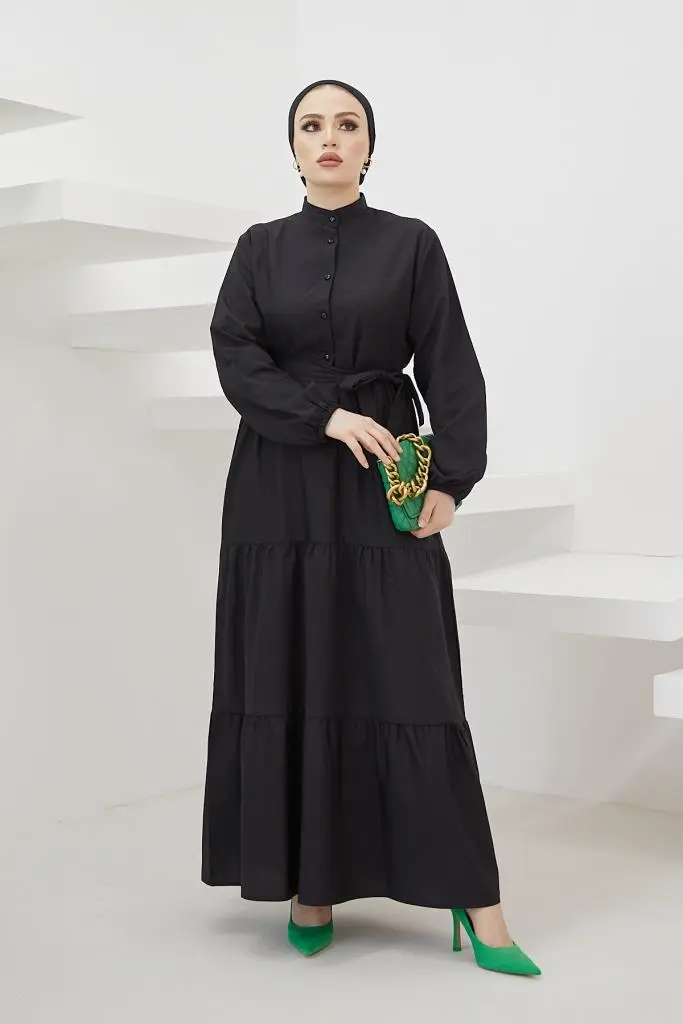 428 Hakim Yaka Düğmeli Tesettür Elbise Siyah-detail