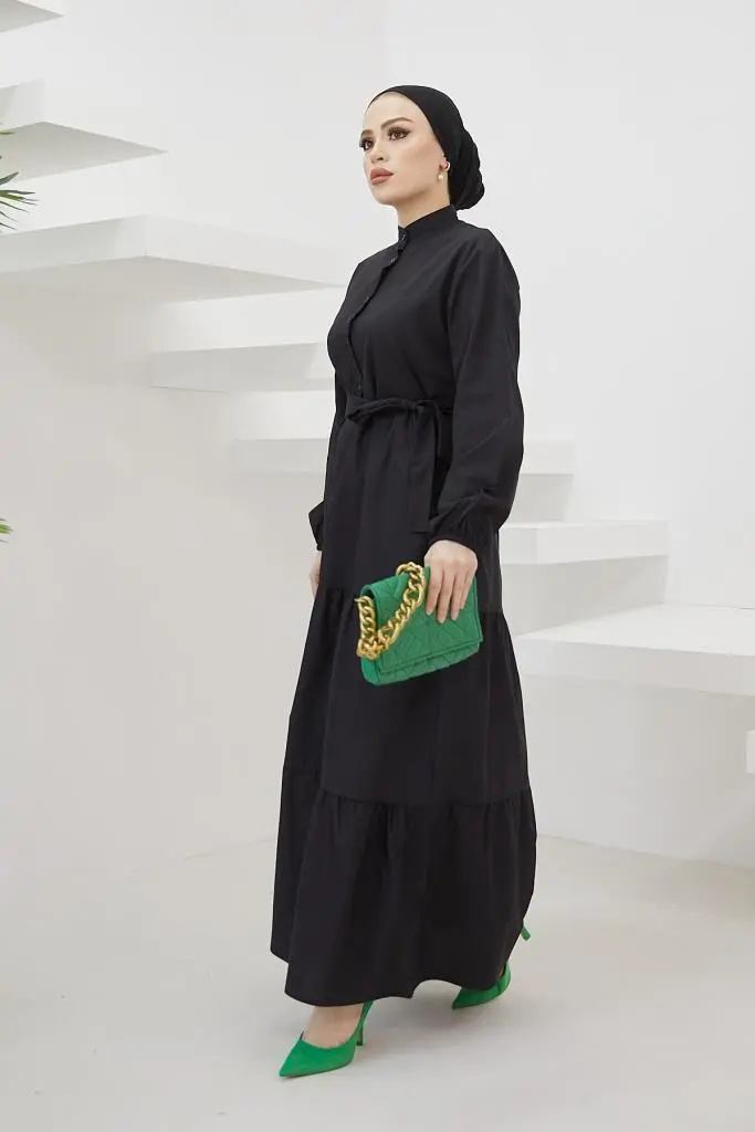 428 Hakim Yaka Düğmeli Tesettür Elbise Siyah-detail