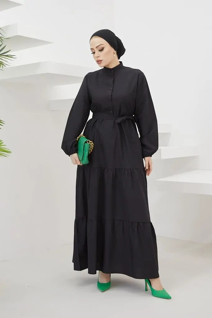 428 Hakim Yaka Düğmeli Tesettür Elbise Siyah-detail