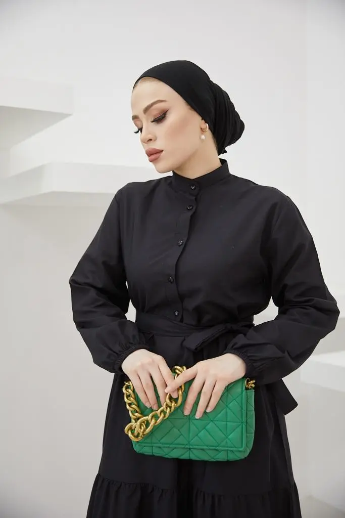 428 Hakim Yaka Düğmeli Tesettür Elbise Siyah-detail