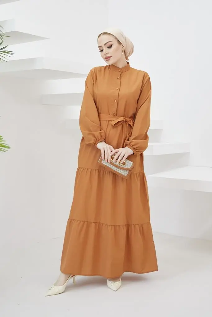 428 Hakim Yaka Düğmeli Tesettür Elbise Tarçın-detail