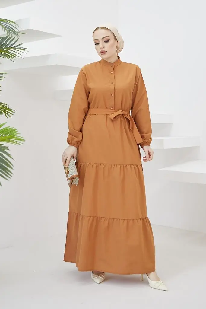 428 Hakim Yaka Düğmeli Tesettür Elbise Tarçın-detail