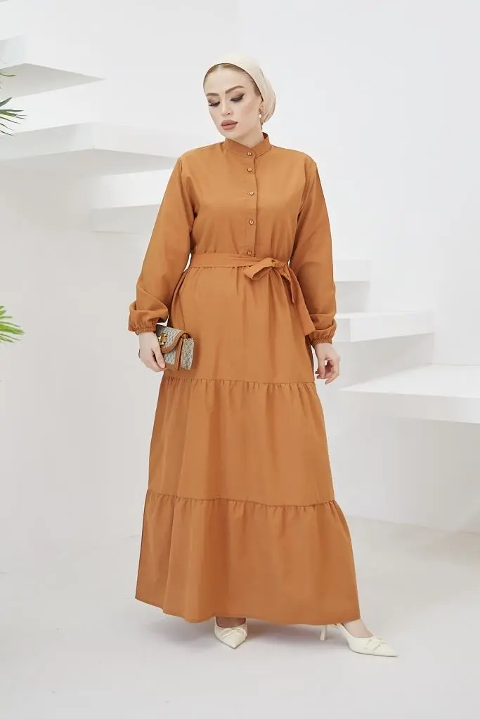 428 Hakim Yaka Düğmeli Tesettür Elbise Tarçın-detail