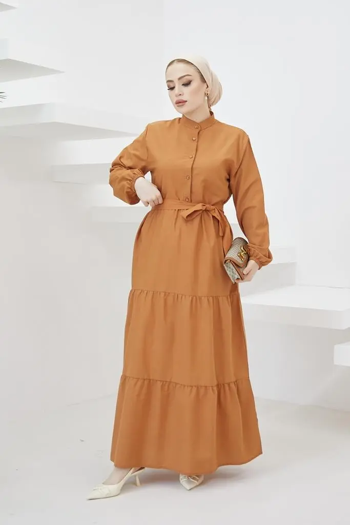428 Hakim Yaka Düğmeli Tesettür Elbise Tarçın-detail