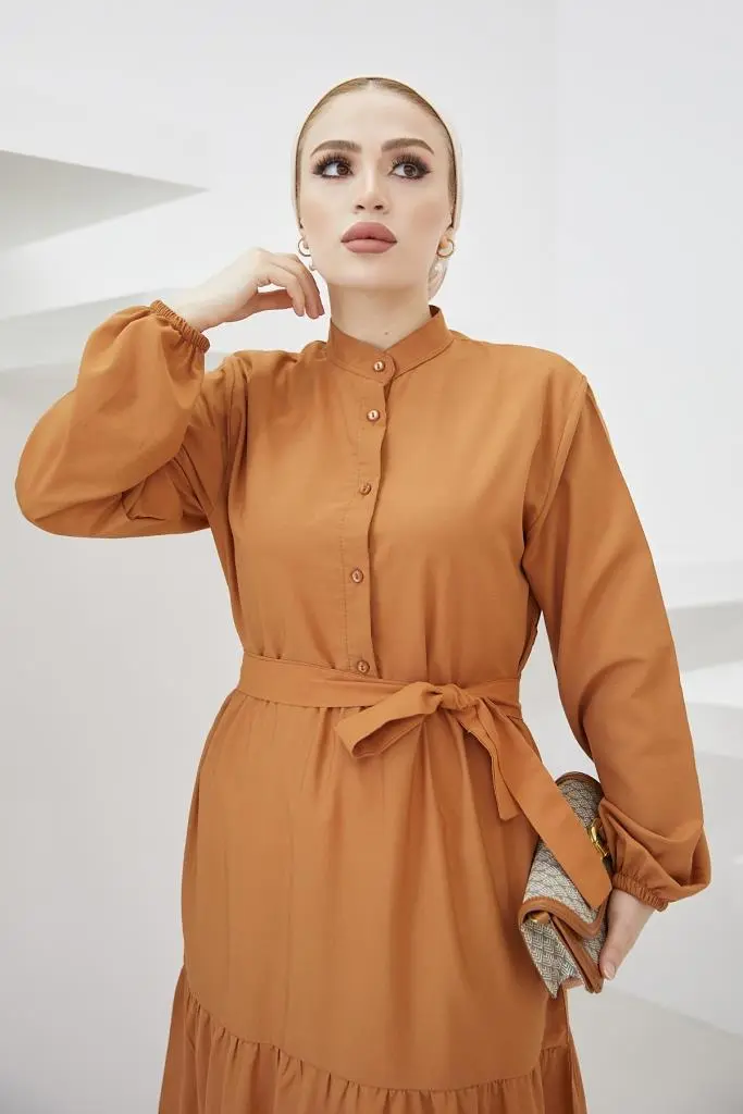 428 Hakim Yaka Düğmeli Tesettür Elbise Tarçın-detail