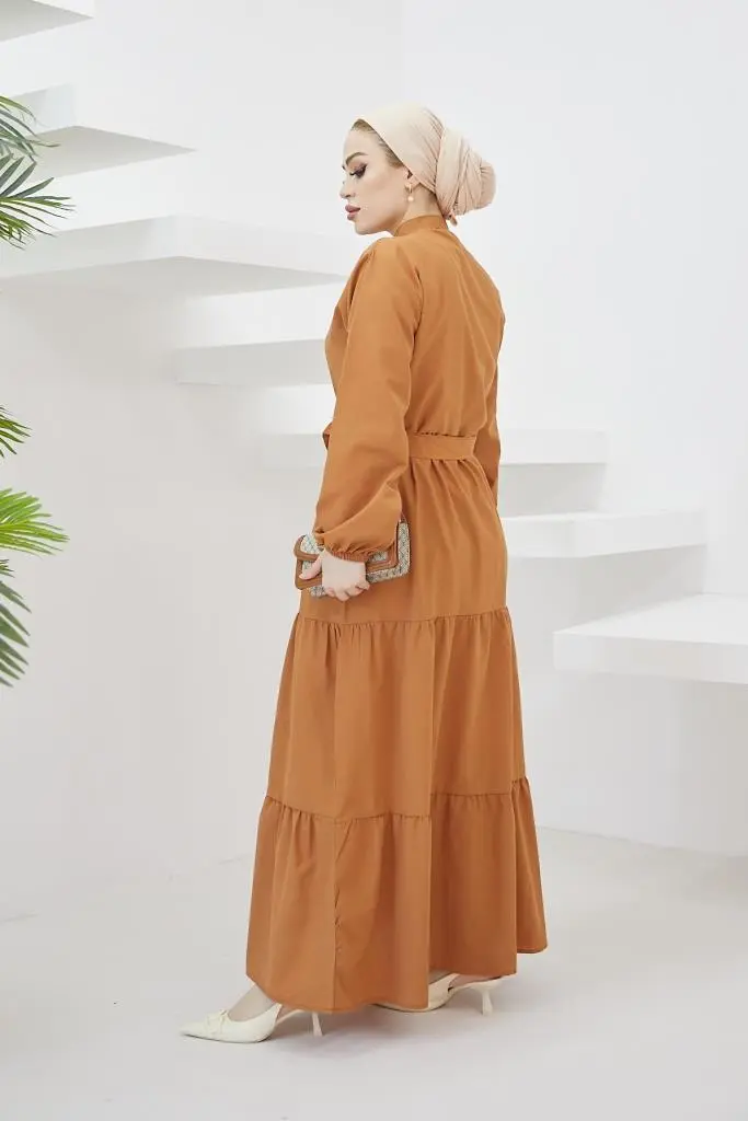 428 Hakim Yaka Düğmeli Tesettür Elbise Tarçın-detail