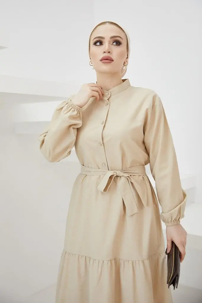 428 Hakim Yaka Düğmeli Tesettür Elbise Taş-detail