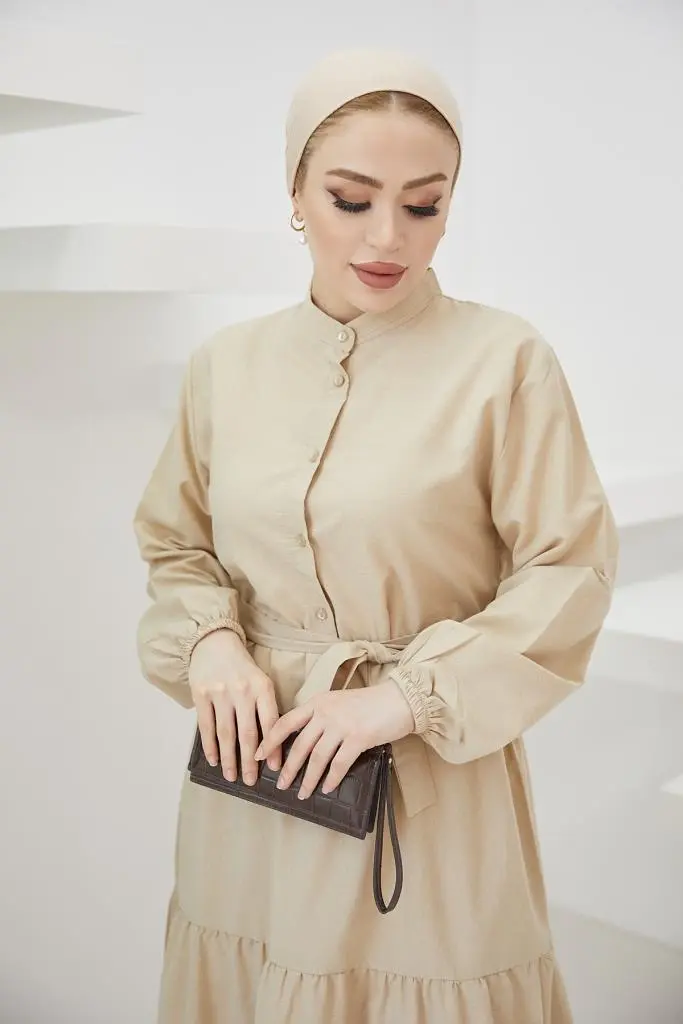 428 Hakim Yaka Düğmeli Tesettür Elbise Taş-detail