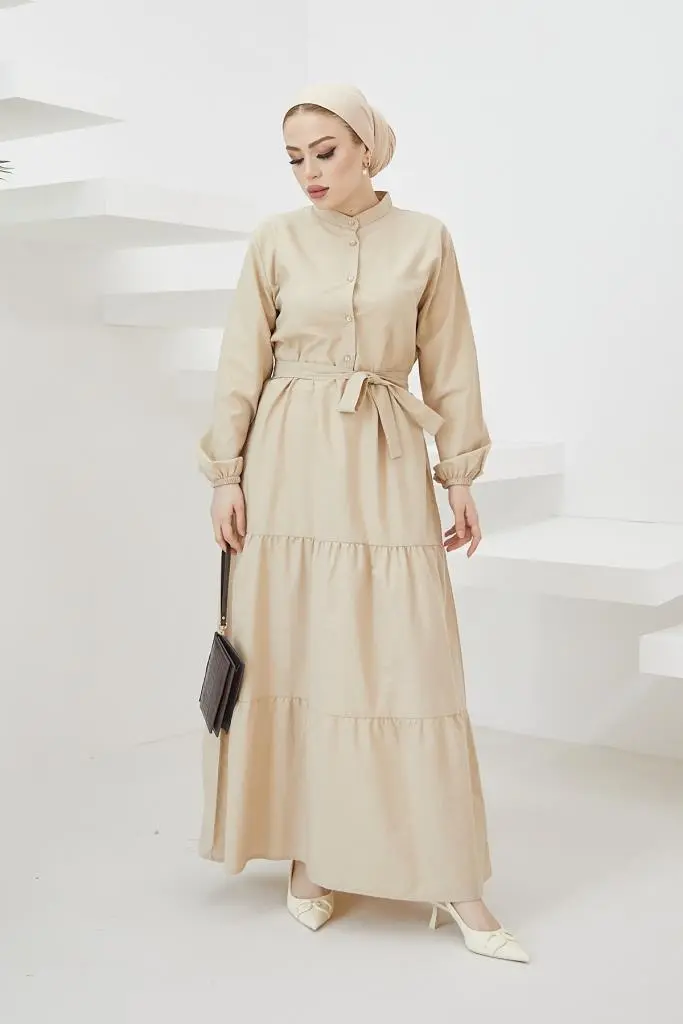 428 Hakim Yaka Düğmeli Tesettür Elbise Taş-detail