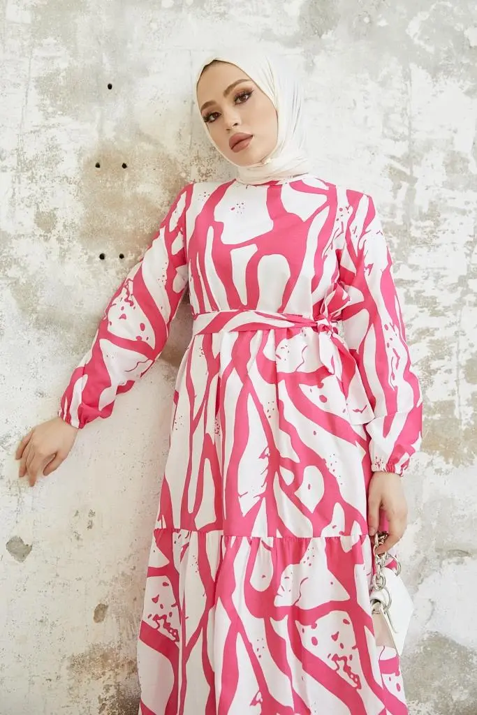 430 Desenli Tesettür Elbise Fuşya-detail