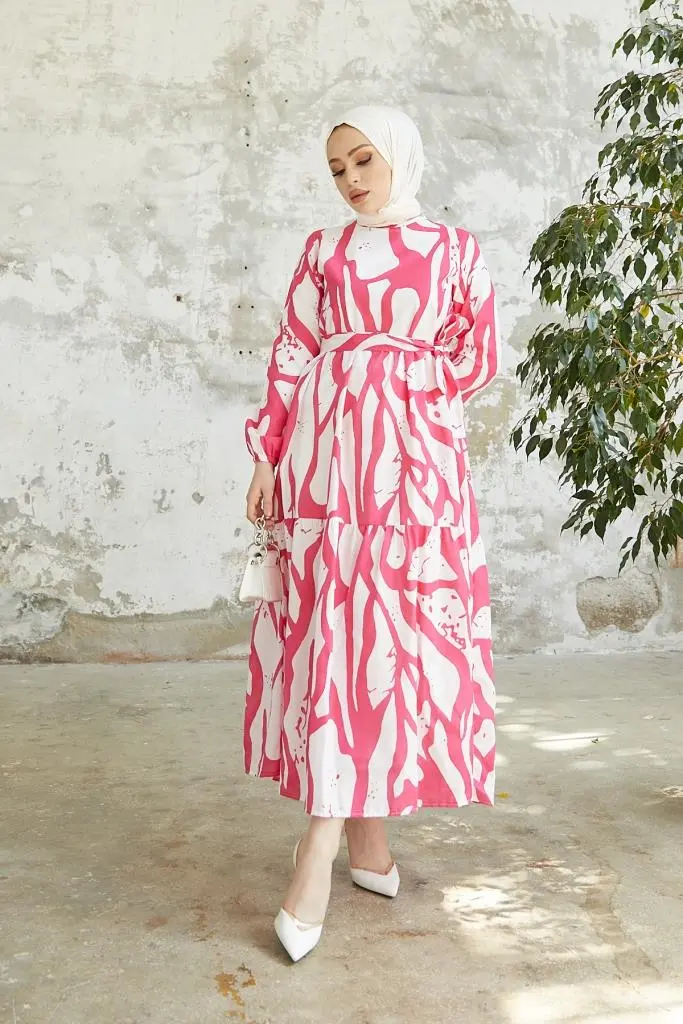 430 Desenli Tesettür Elbise Fuşya-detail