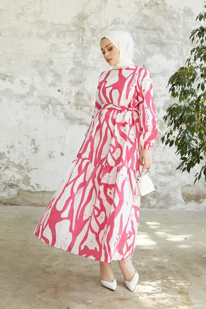 430 Desenli Tesettür Elbise Fuşya-detail