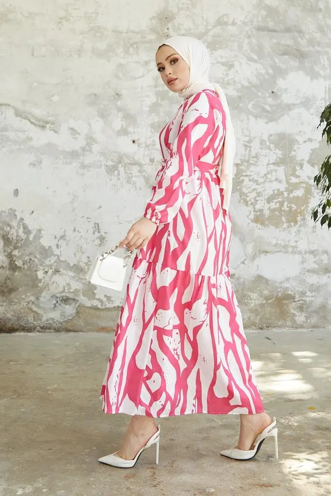 430 Desenli Tesettür Elbise Fuşya-detail