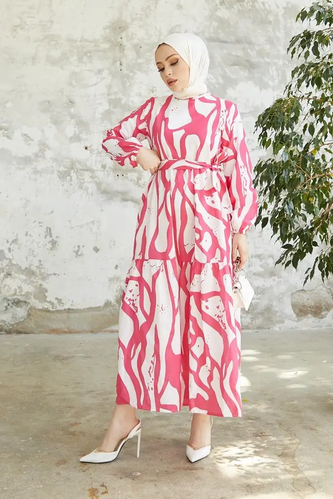 430 Desenli Tesettür Elbise Fuşya-detail