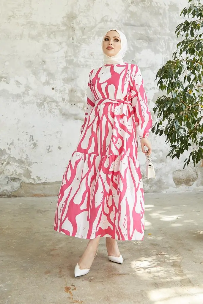 430 Desenli Tesettür Elbise Fuşya-detail