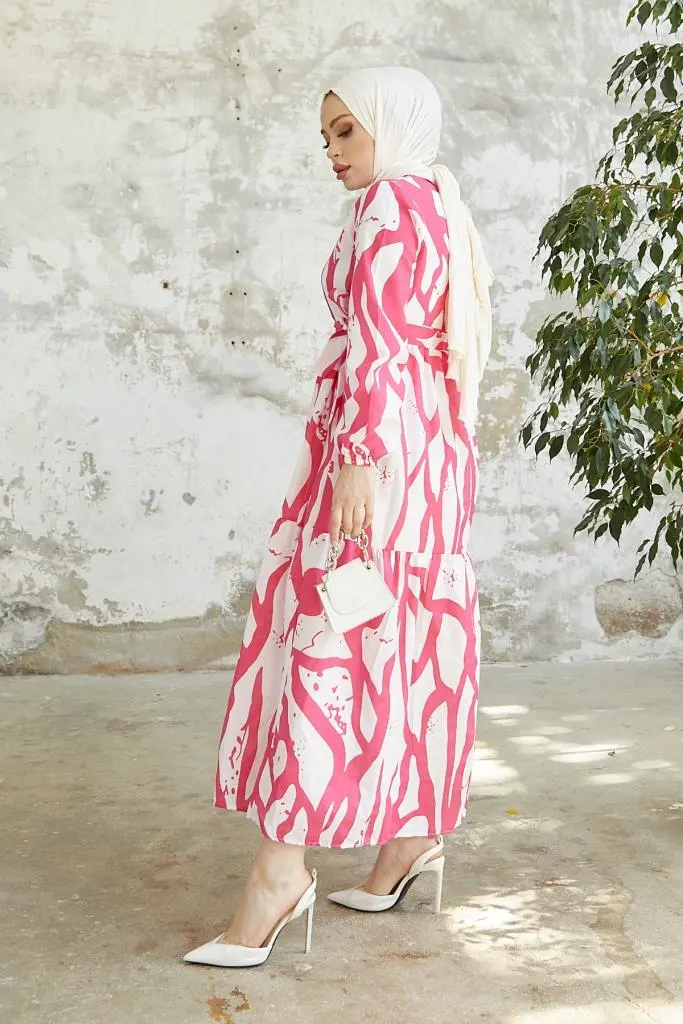 430 Desenli Tesettür Elbise Fuşya-detail