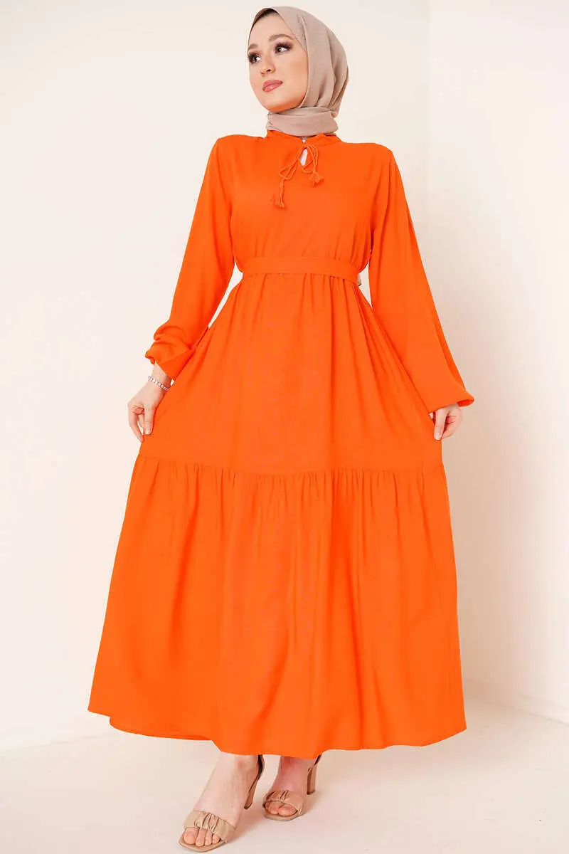 446 Yakası Bağcıklı Viskon Tesettür Elbise Oranj-detail