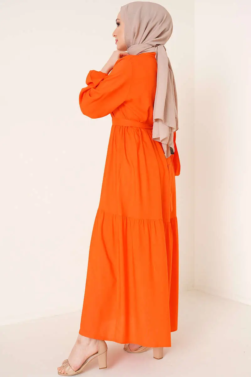 446 Yakası Bağcıklı Viskon Tesettür Elbise Oranj-detail