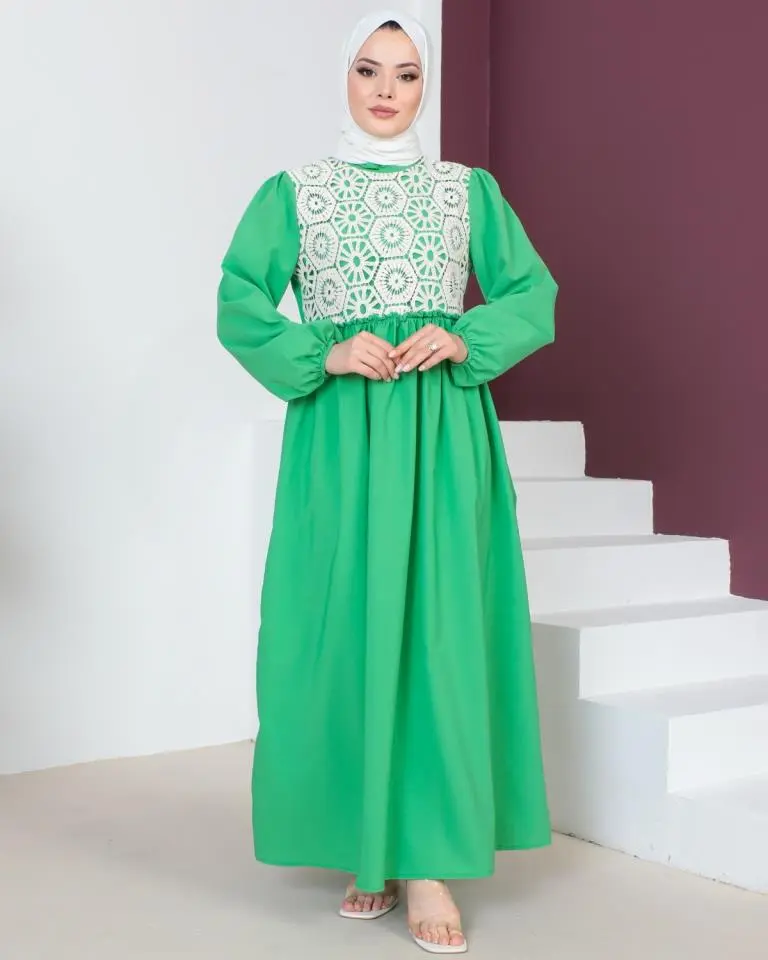 449 Dantel Detaylı Tesettür Elbise Yeşil-detail