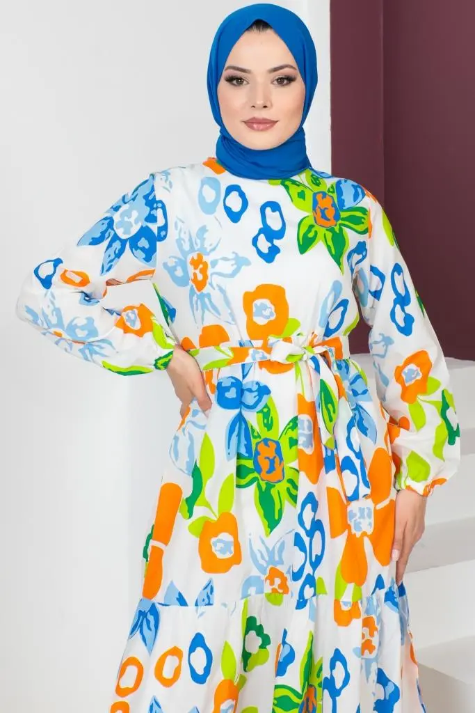 450 Desenli Tesettür Elbise Mavi-detail