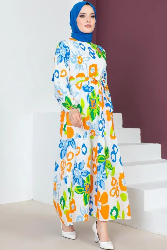 450 Desenli Tesettür Elbise Mavi-detail