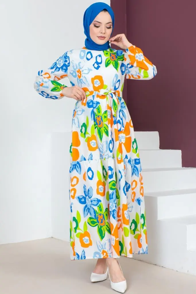 450 Desenli Tesettür Elbise Mavi-detail