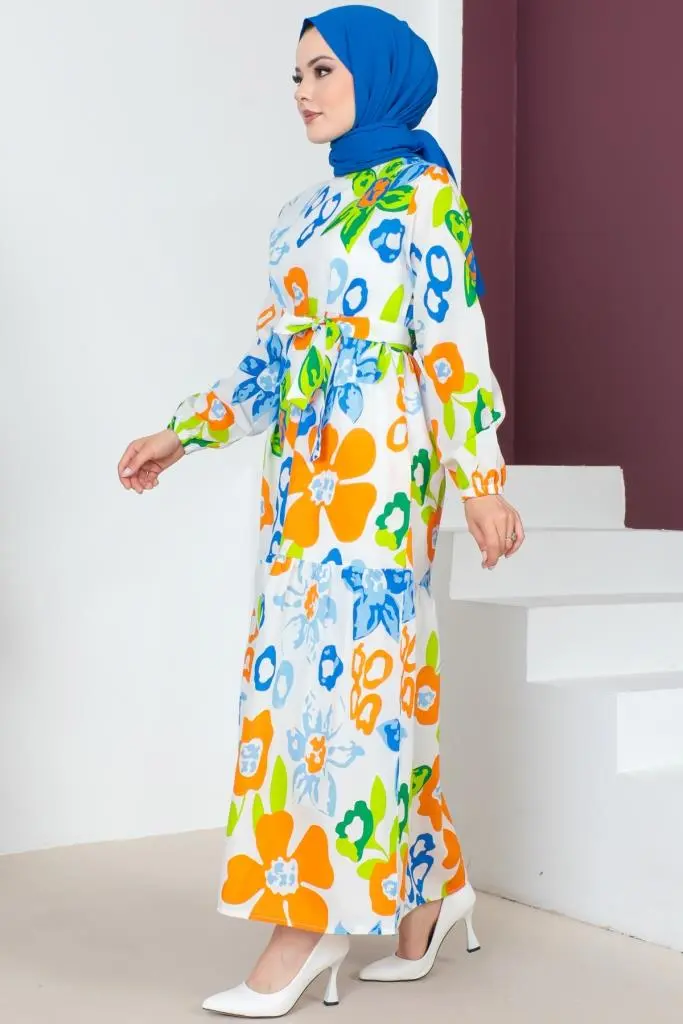 450 Desenli Tesettür Elbise Mavi-detail