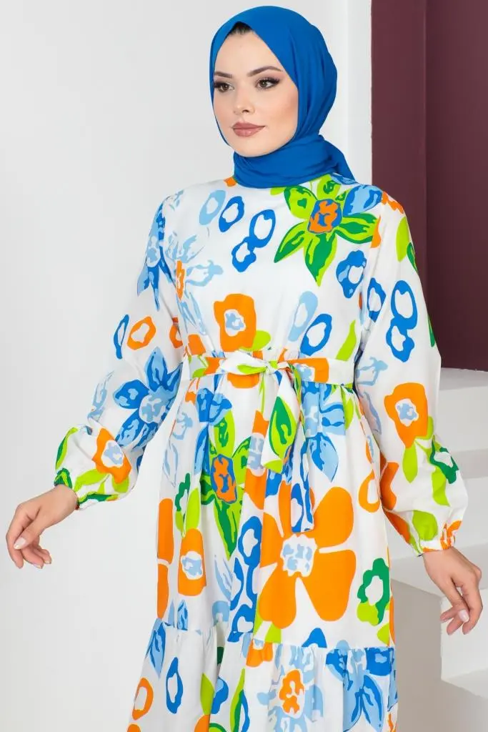 450 Desenli Tesettür Elbise Mavi-detail