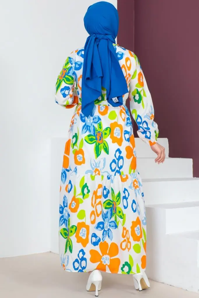 450 Desenli Tesettür Elbise Mavi-detail