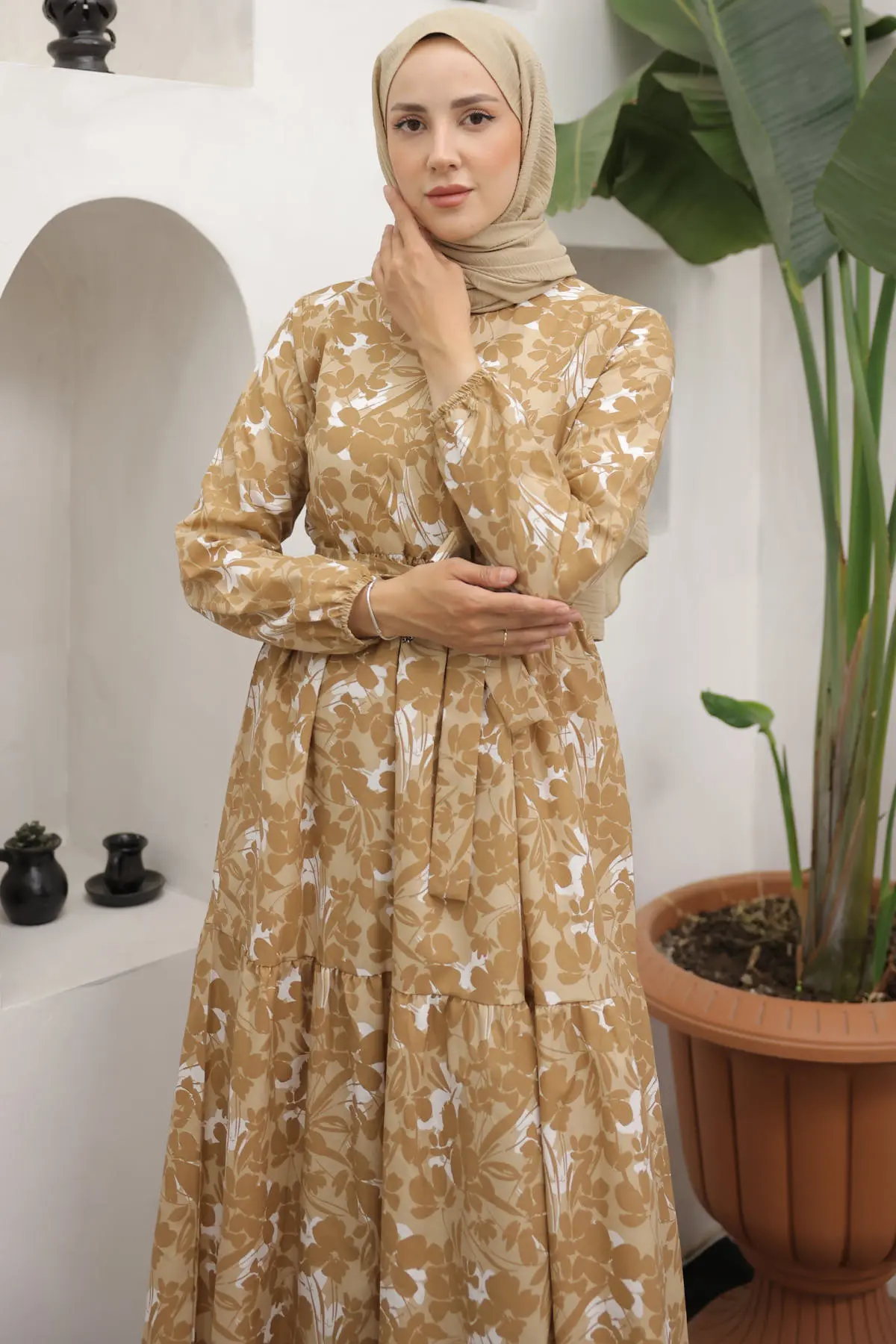 451 Desenli Elbise Bej-detail