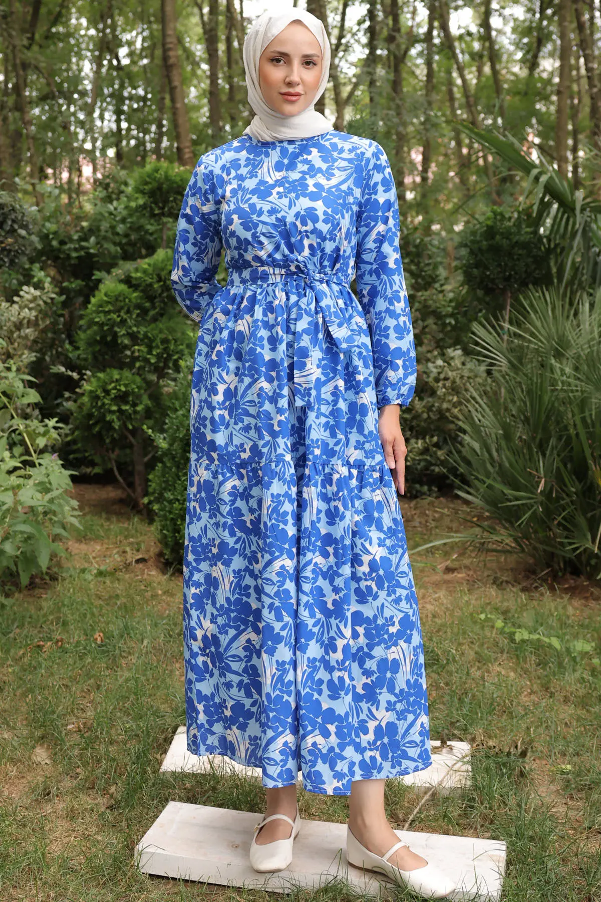 451 Desenli Elbise Saks Mavisi-detail