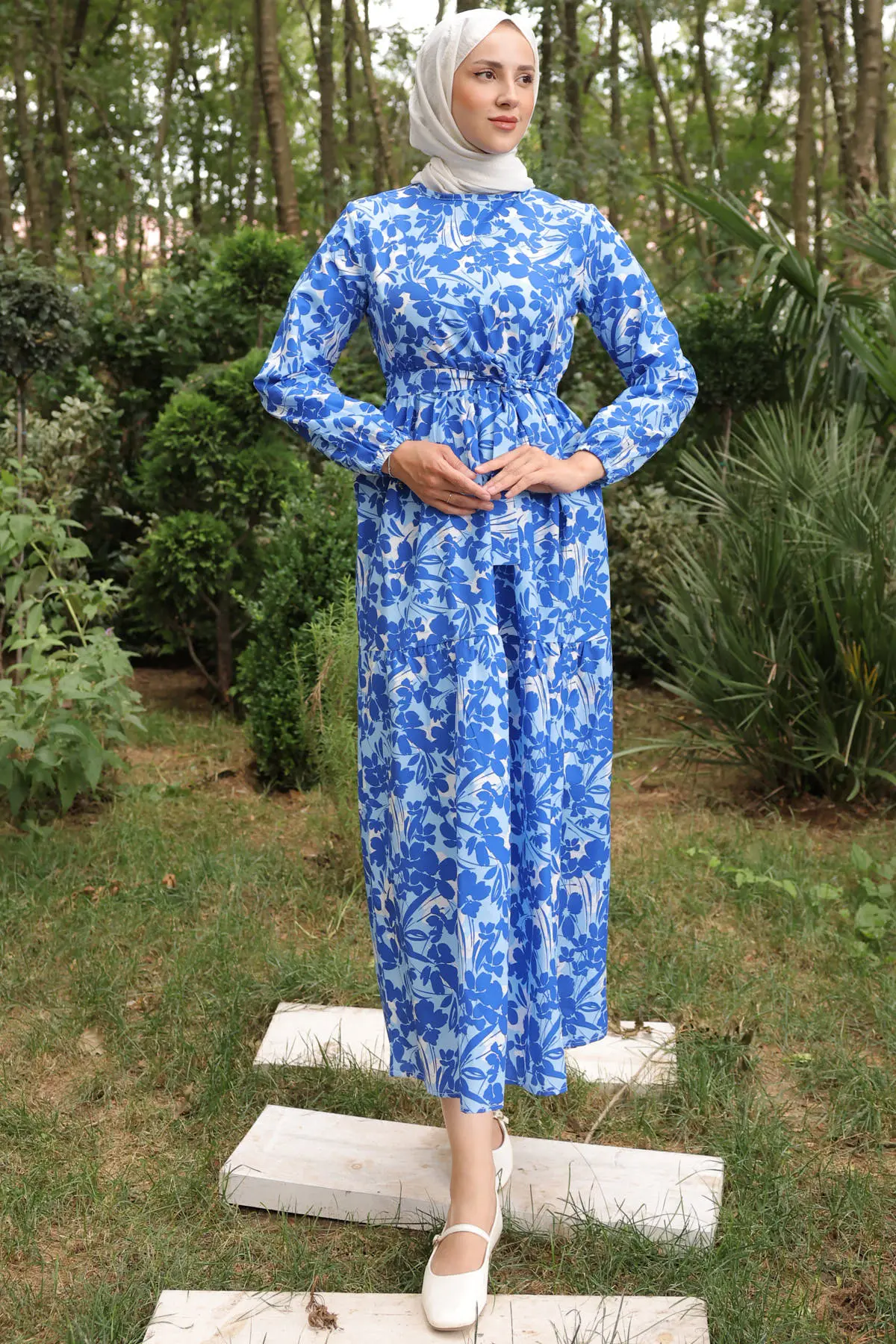 451 Desenli Elbise Saks Mavisi-detail