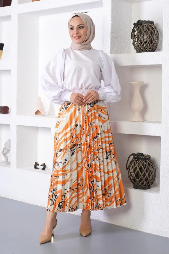 Orange Patterned Hijab Pleated Skirt-detail