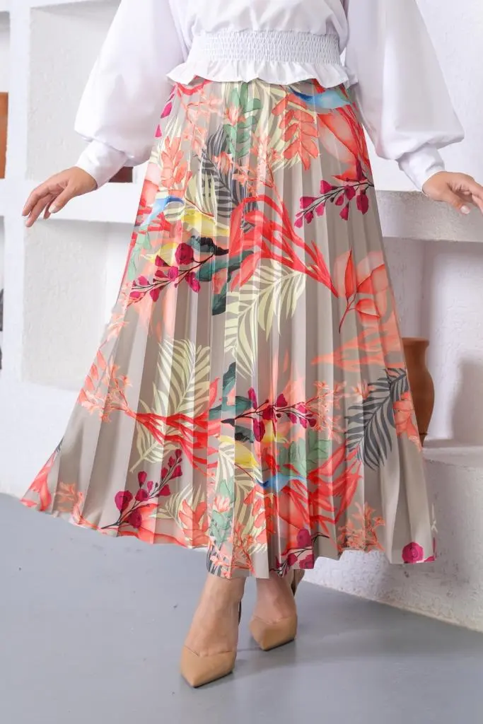 Rose Color Patterned Hijab Pleated Skirt-detail