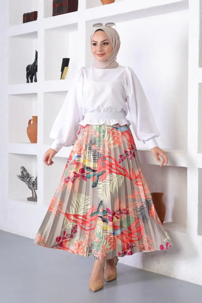 Rose Color Patterned Hijab Pleated Skirt-detail