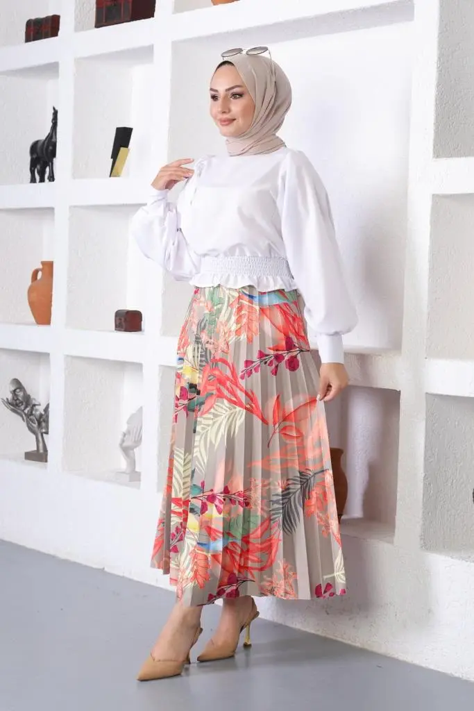 Rose Color Patterned Hijab Pleated Skirt-detail