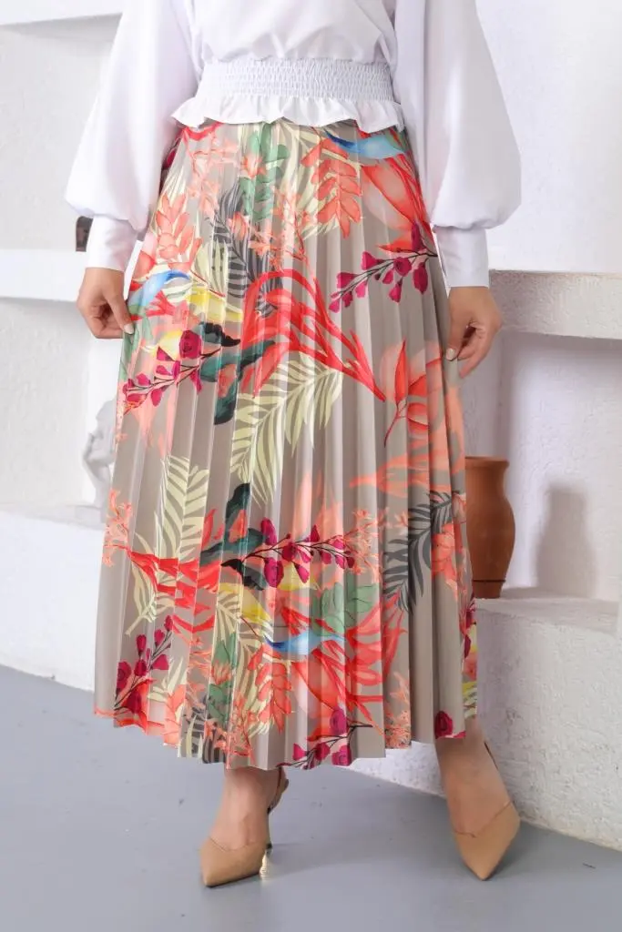 Rose Color Patterned Hijab Pleated Skirt-detail