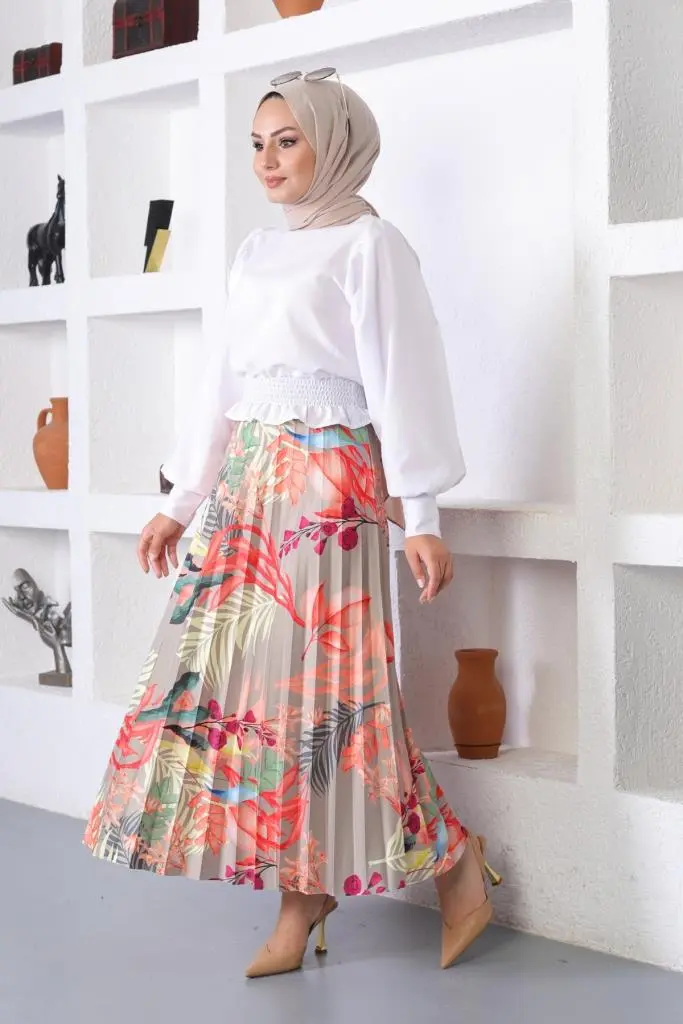 Rose Color Patterned Hijab Pleated Skirt-detail