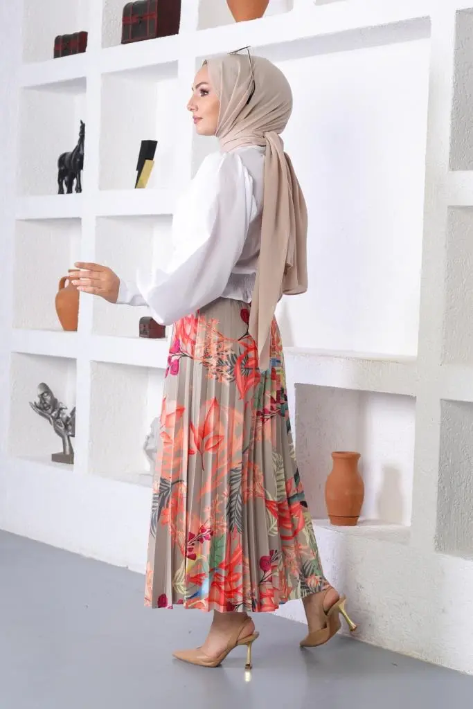 Rose Color Patterned Hijab Pleated Skirt-detail