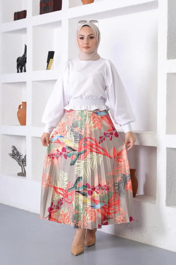 Rose Color Patterned Hijab Pleated Skirt-detail