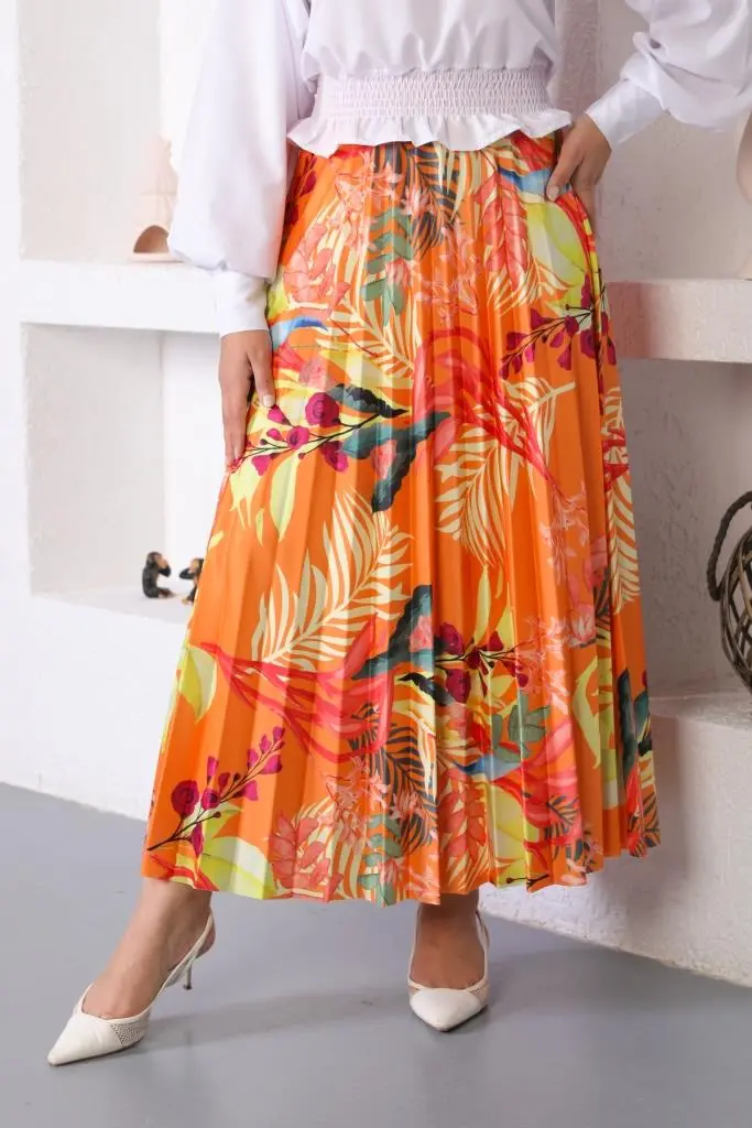 Orange Patterned Hijab Pleated Skirt-detail