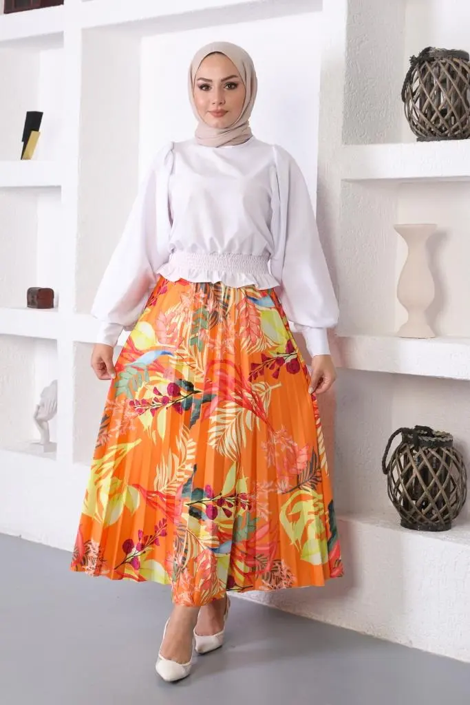 Orange Patterned Hijab Pleated Skirt-detail